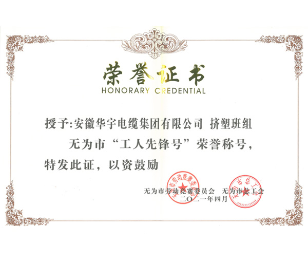 熱烈祝賀華宇電纜擠塑班組榮獲2021年無為市“工人先鋒號(hào)”榮譽(yù)稱號(hào)